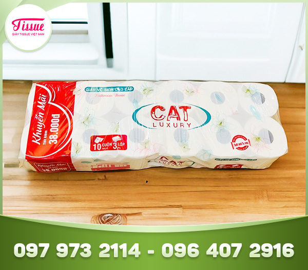 Giấy vệ sinh lõi trắng siêu nhẹ Cat Luxury 3 lớp, 10 cuộn KM 2 cuộn